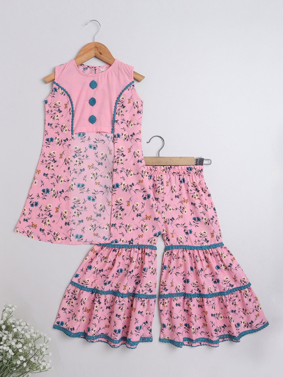 

The Magic Wand Girls Pink & Blue Floral Printed High Slit Pure Cotton Kurta With Sharara