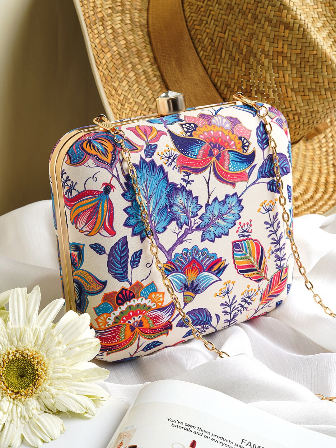 

JOKER & WITCH Floral Printed Box Clutch, Cream