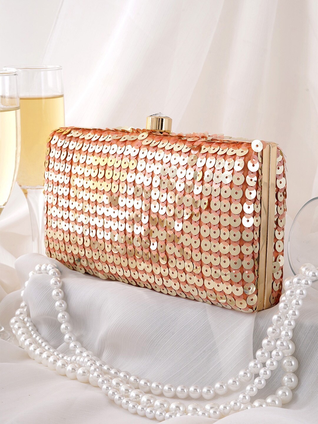 

JOKER & WITCH Sequins Embellished Box Clutch, Peach