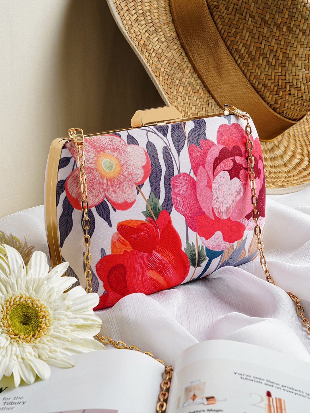 

JOKER & WITCH Floral Printed Box Clutch With Shoulder Strap, Cream