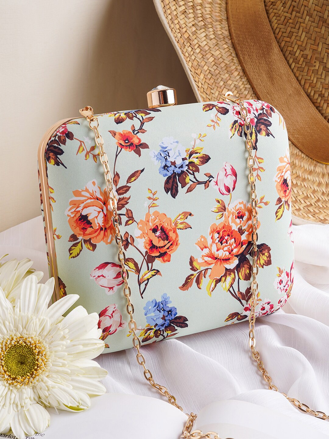 

JOKER & WITCH Floral Printed Box Clutch With Sling Strap, Blue