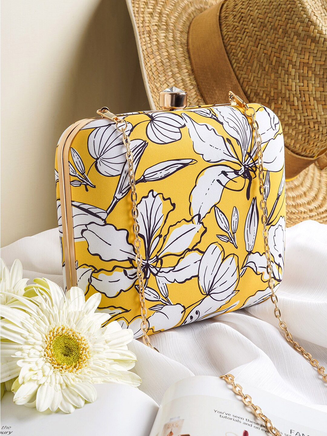 

JOKER & WITCH Printed Box Clutch With Sling Strap, Yellow