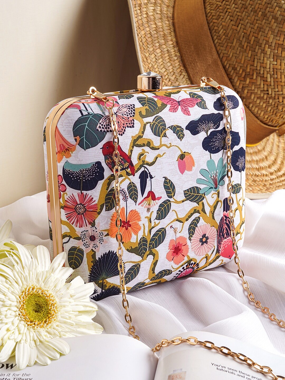 

JOKER & WITCH Floral Printed Box Clutch With Sling Strap, Red