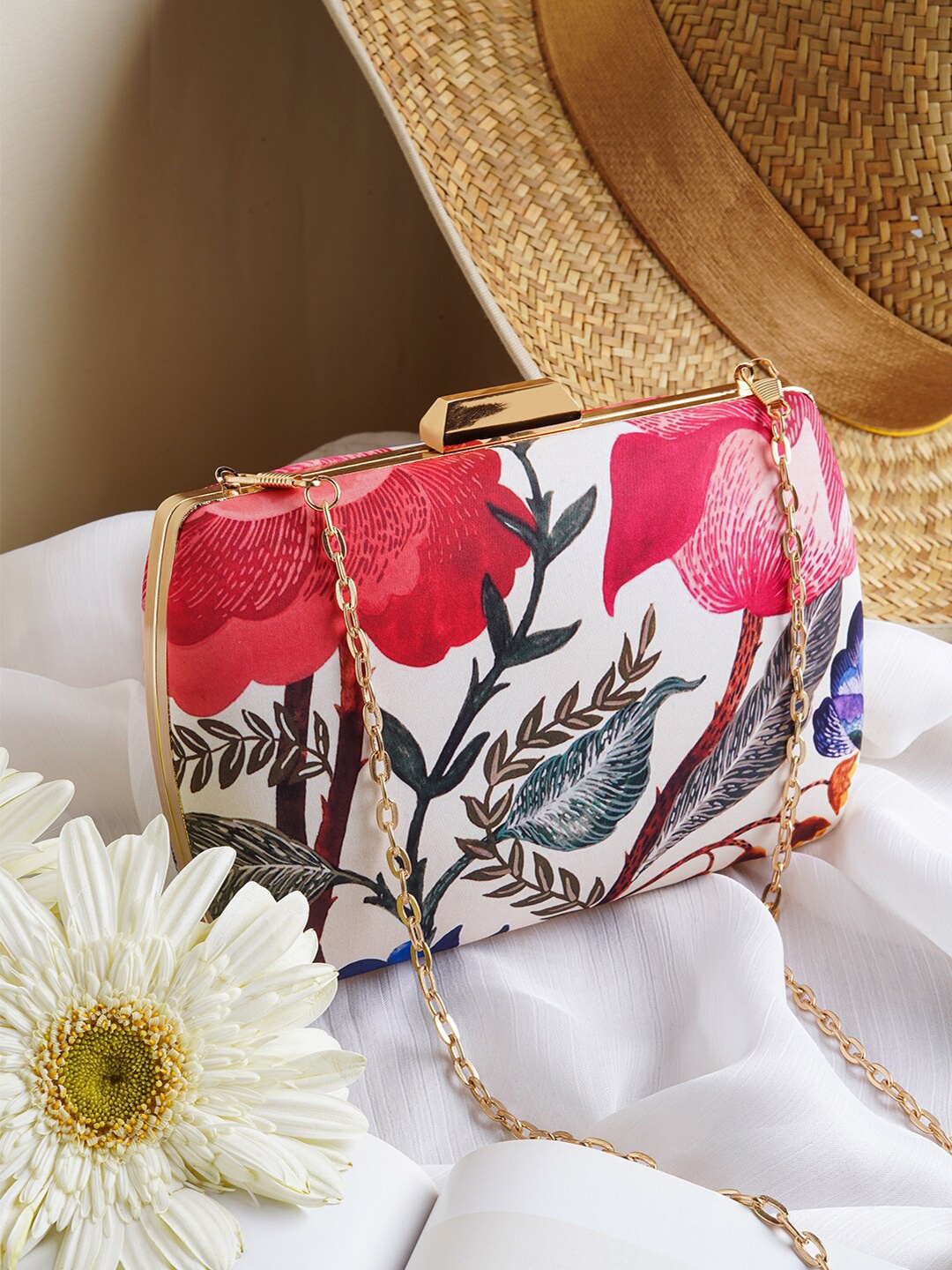

JOKER & WITCH Floral Printed Box Clutch With Sling Strap, White