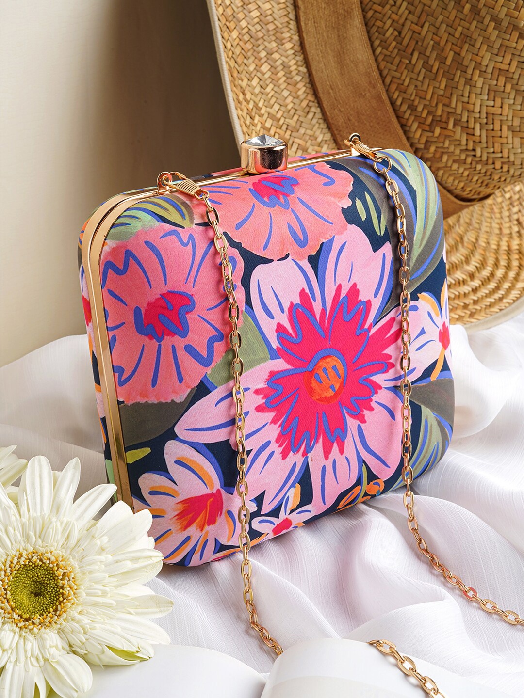 

JOKER & WITCH Floral Printed Box Clutch With Sling Strap, Pink