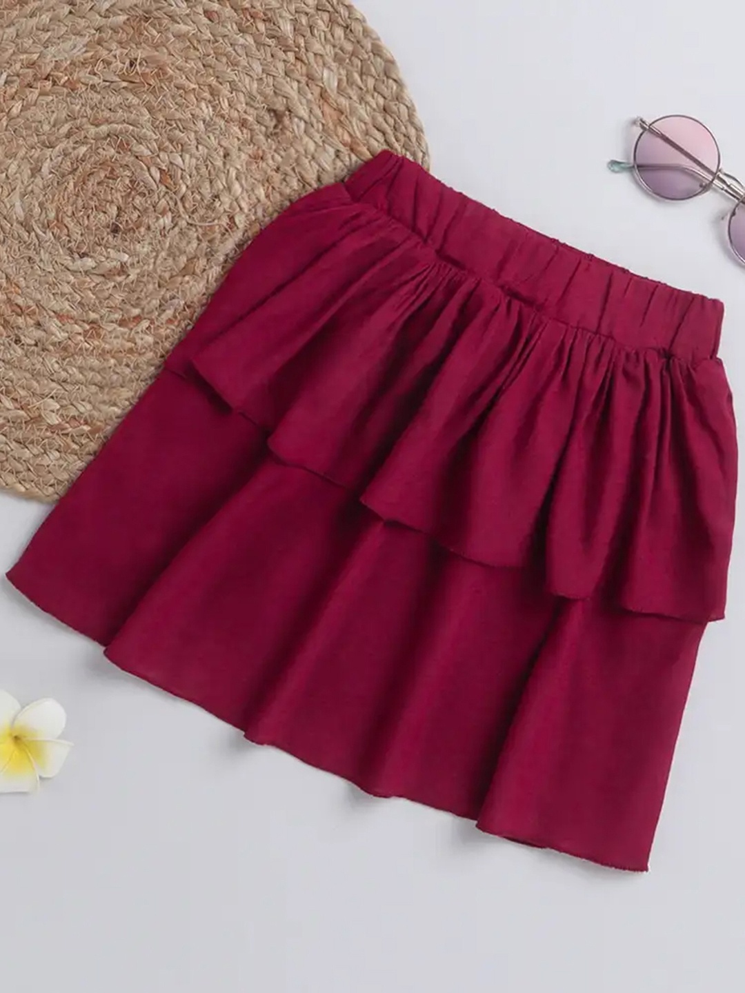 

ADDYVERO Girls Knee-Length Layered Flared Skirt, Maroon