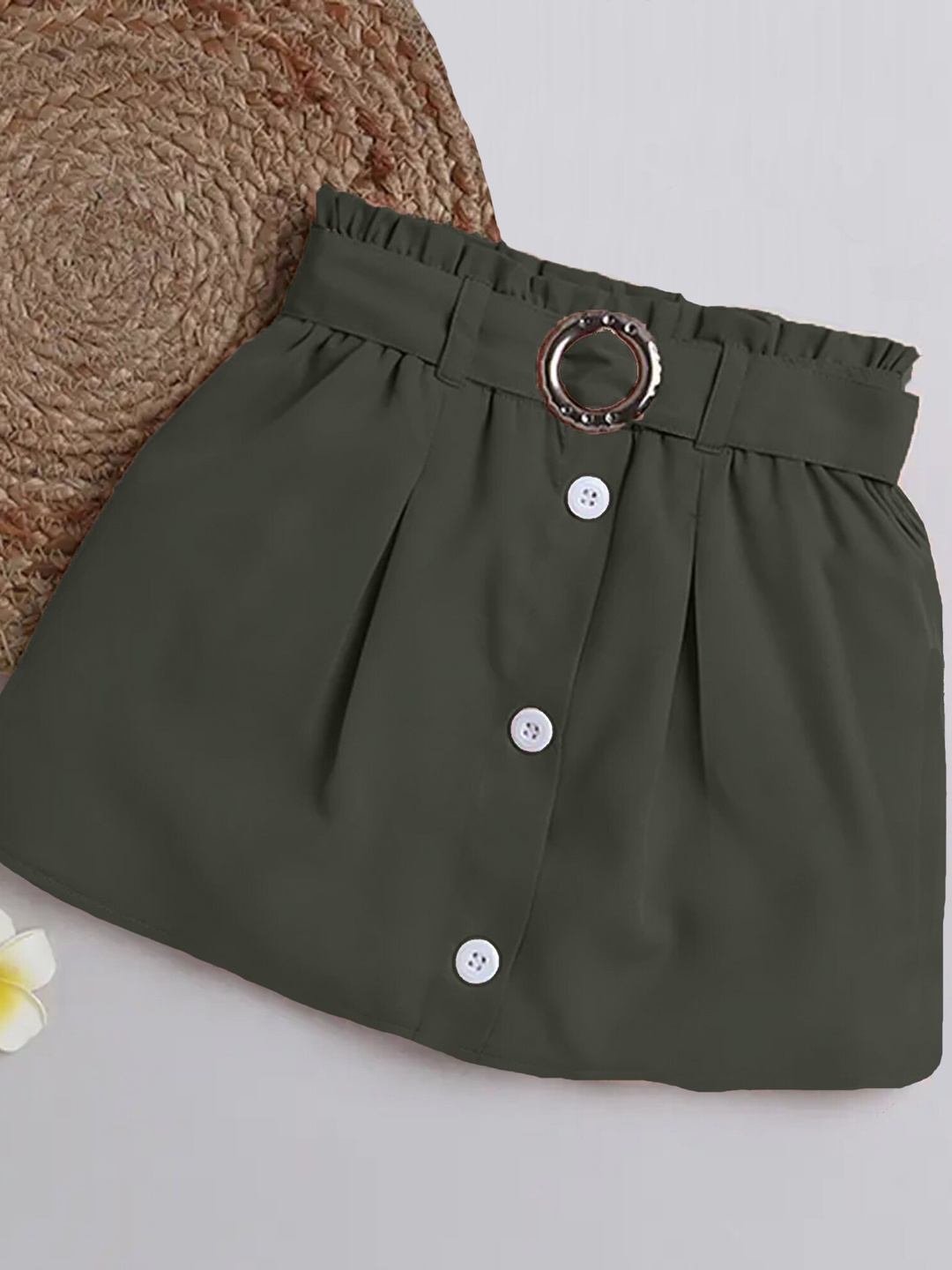 

ADDYVERO Girls Belted Paperbag Waist A-Line Crepe Skirt, Olive