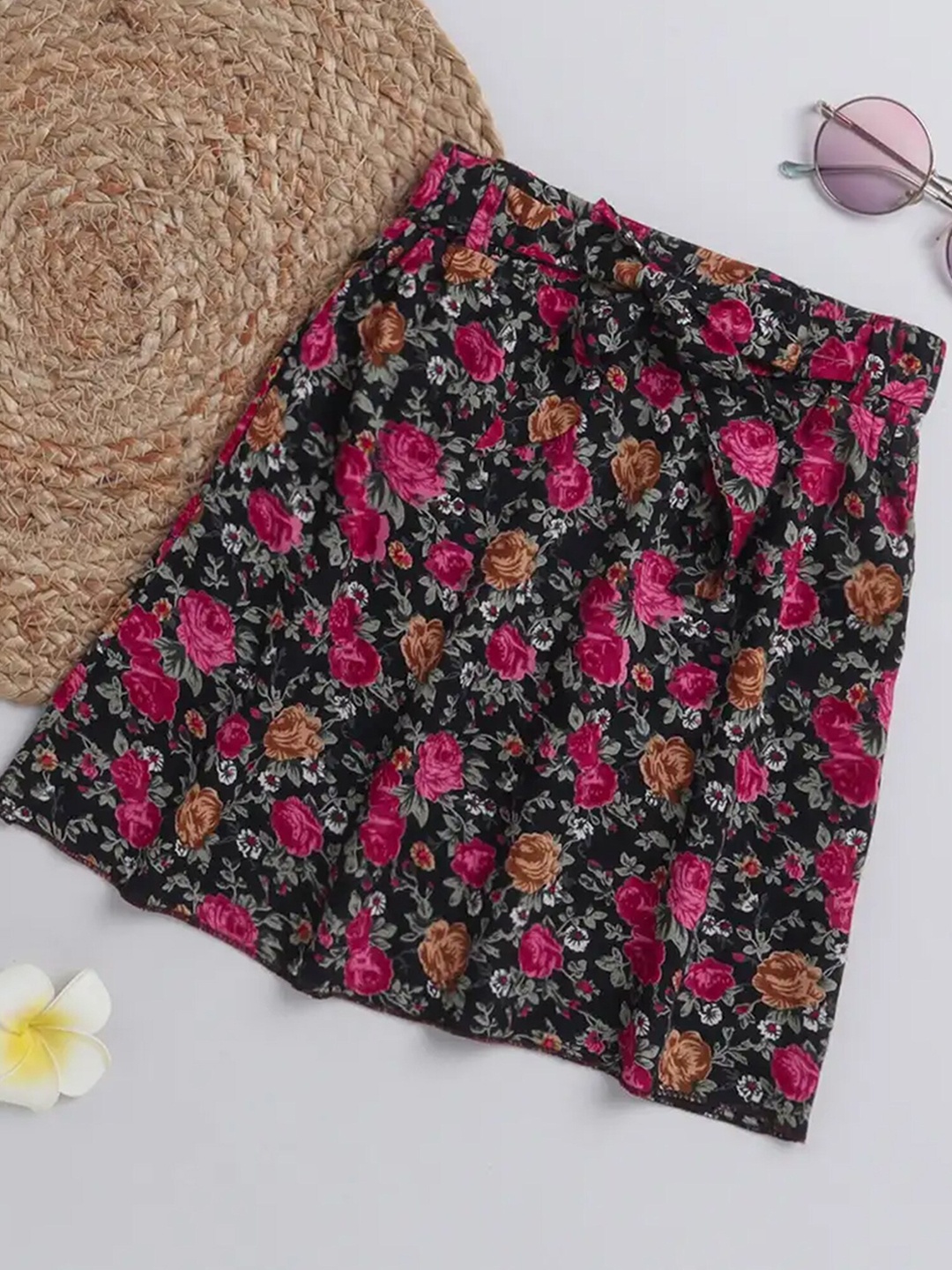 

ADDYVERO Girls Floral Printed Flared Knee Length Skirts, Black