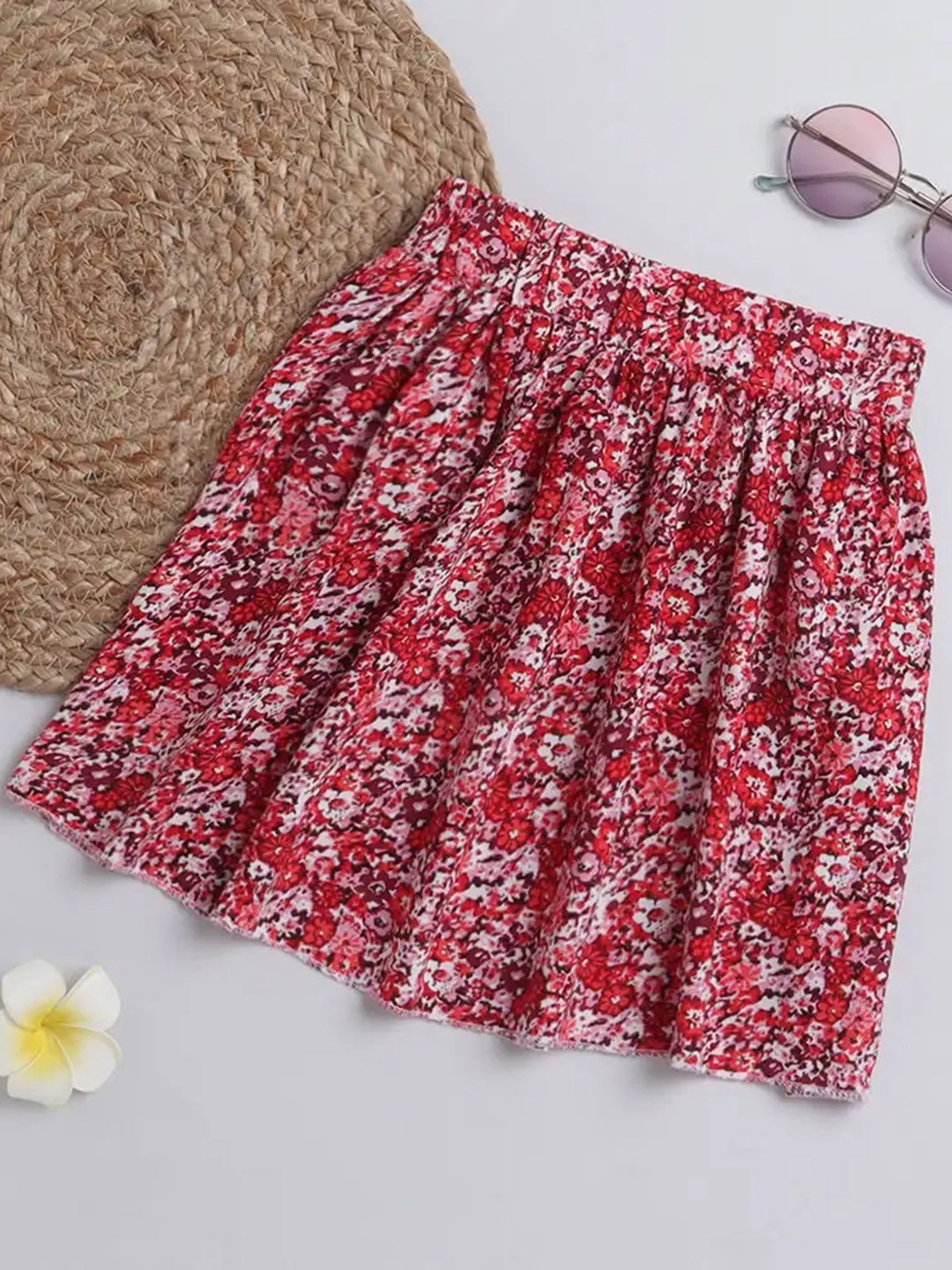 

ADDYVERO Girls Floral Printed Gathered Flared Knee-Length Skirt, Red