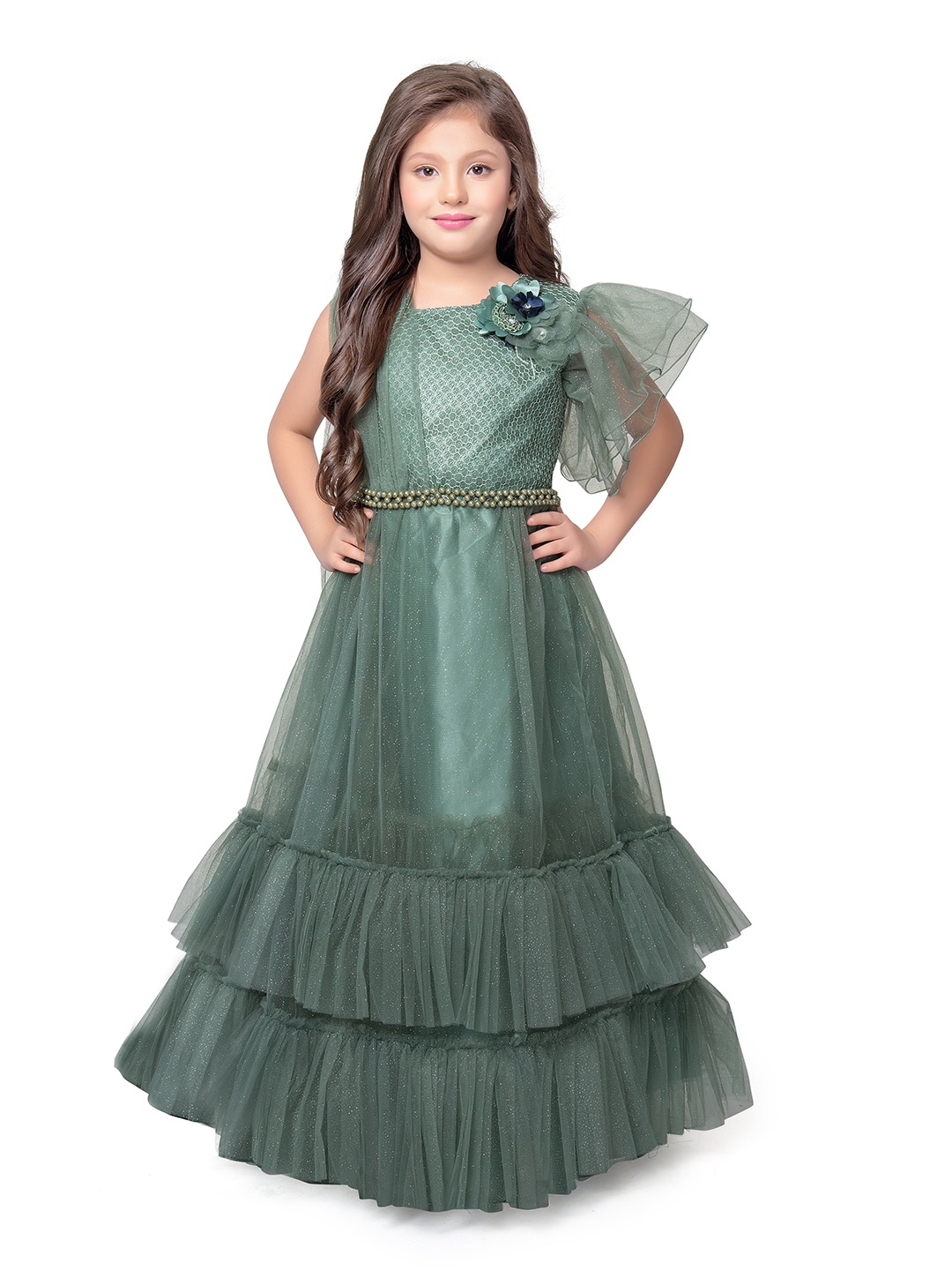 

BETTY Girls Embellished Flutter Sleeves Layered Gown Dress, Green