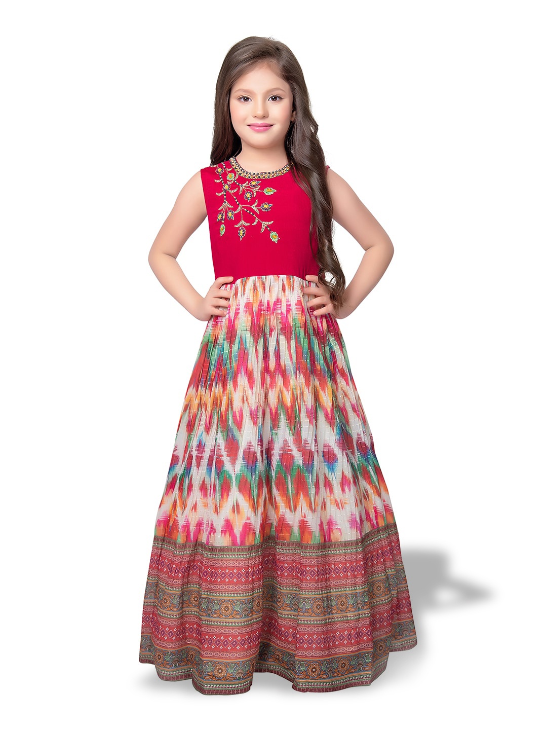 

BETTY Girls Geometric Printed Embroidered Detail Ethnic Gown Dress, Red