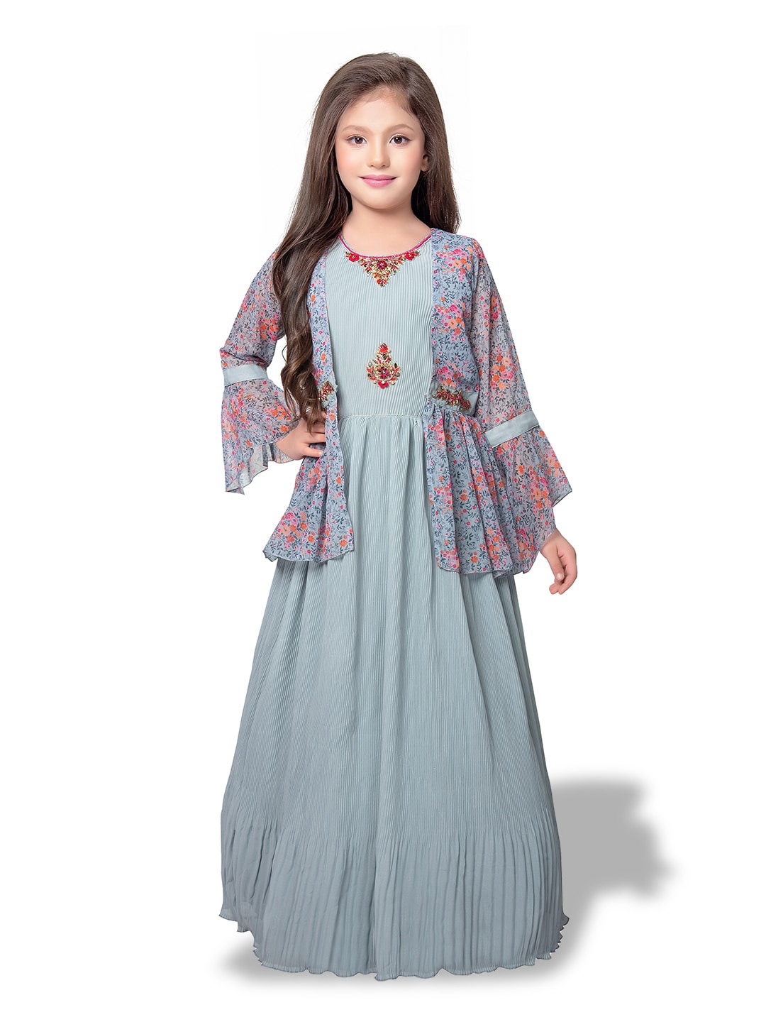 

BETTY Girls Embroidered Detail Accordion Pleats Ethnic Gown Dress with Jacket, Sea green