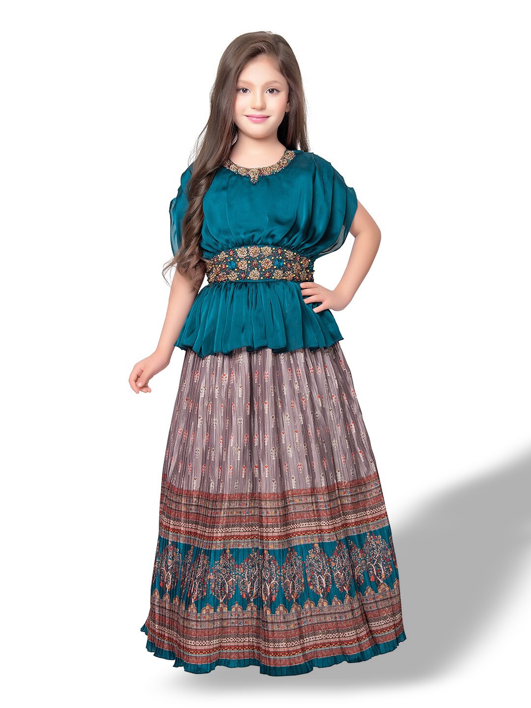 

BETTY Girls Ethnic Motifs Printed Embellished Satin Fit & Flare Maxi Dress, Green