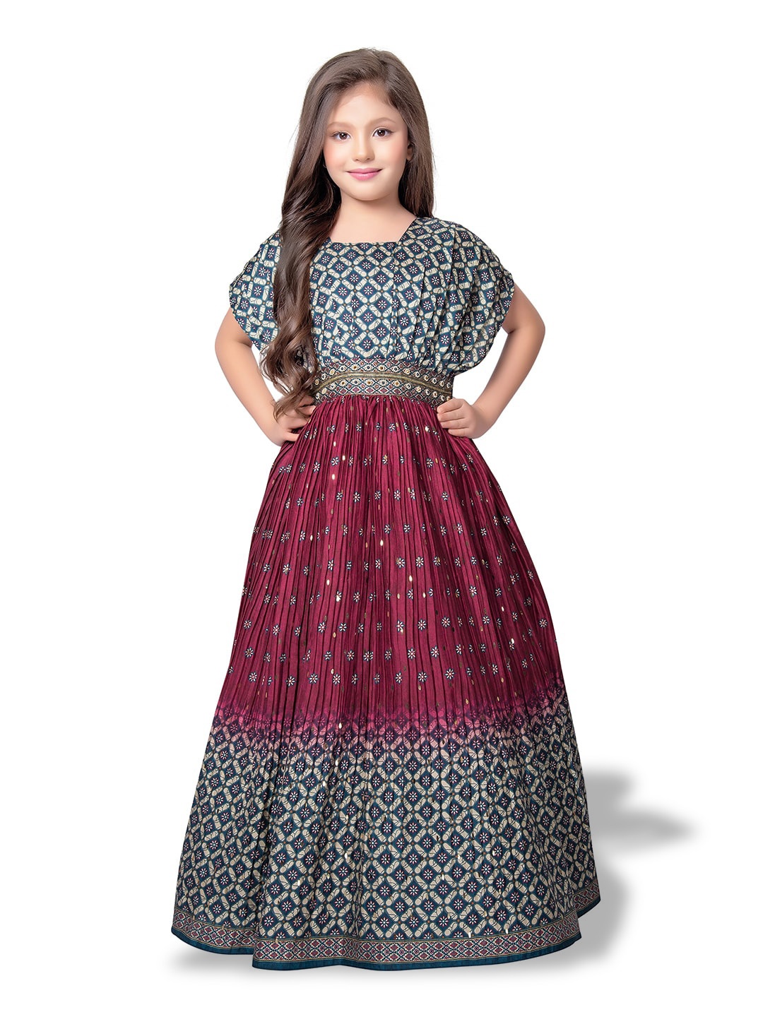 

BETTY Girls Floral Printed Gathered Ethnic Gown Dress, Magenta