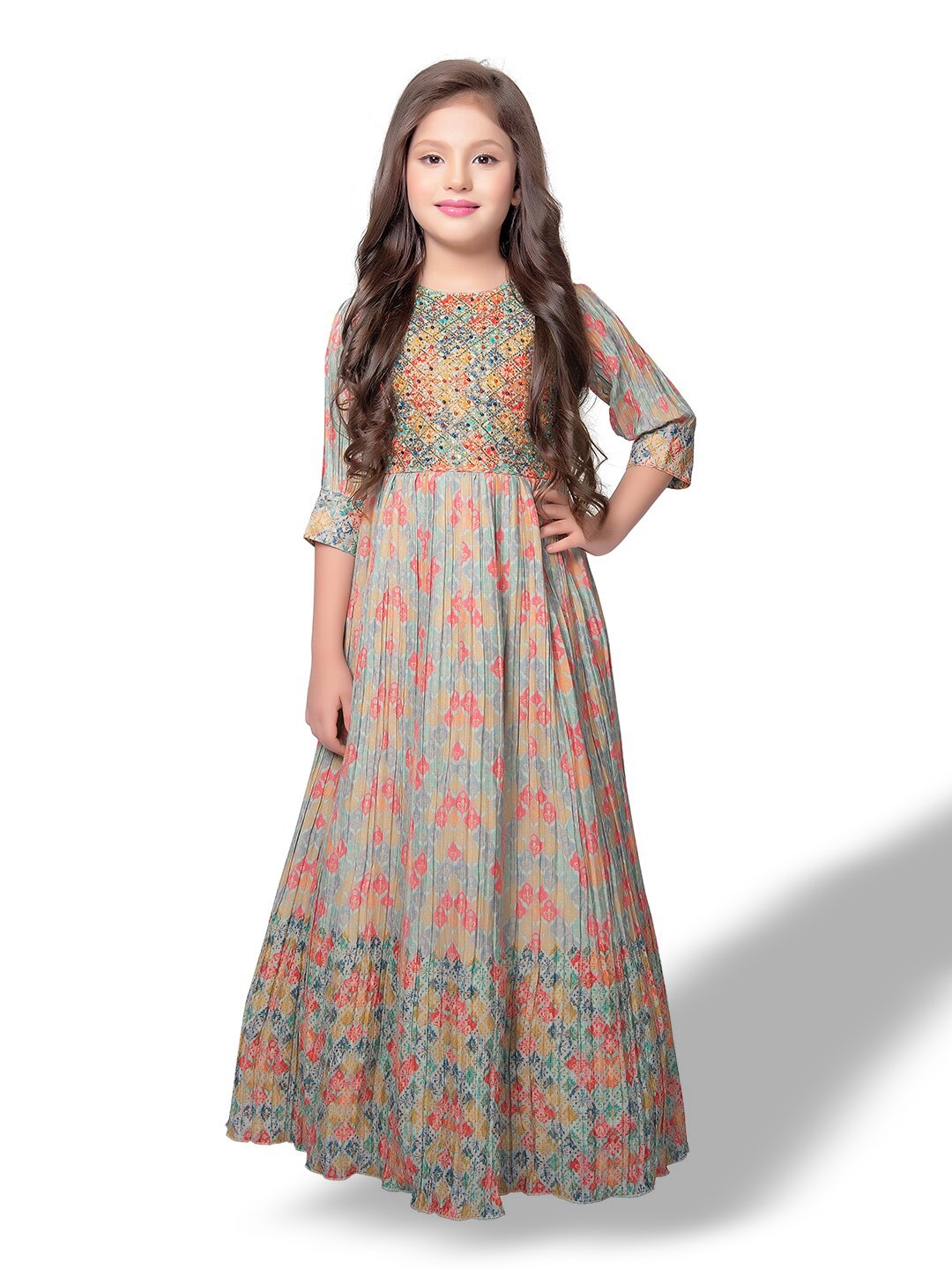 

BETTY Girls Ethnic Motifs Printed Embellished Maxi Dress, Grey