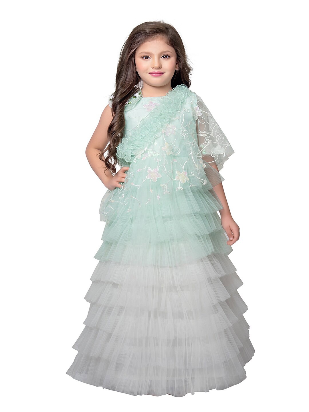 

BETTY Girls Floral Embroidered Sequinned Net Maxi Dress & Dupatta, Green