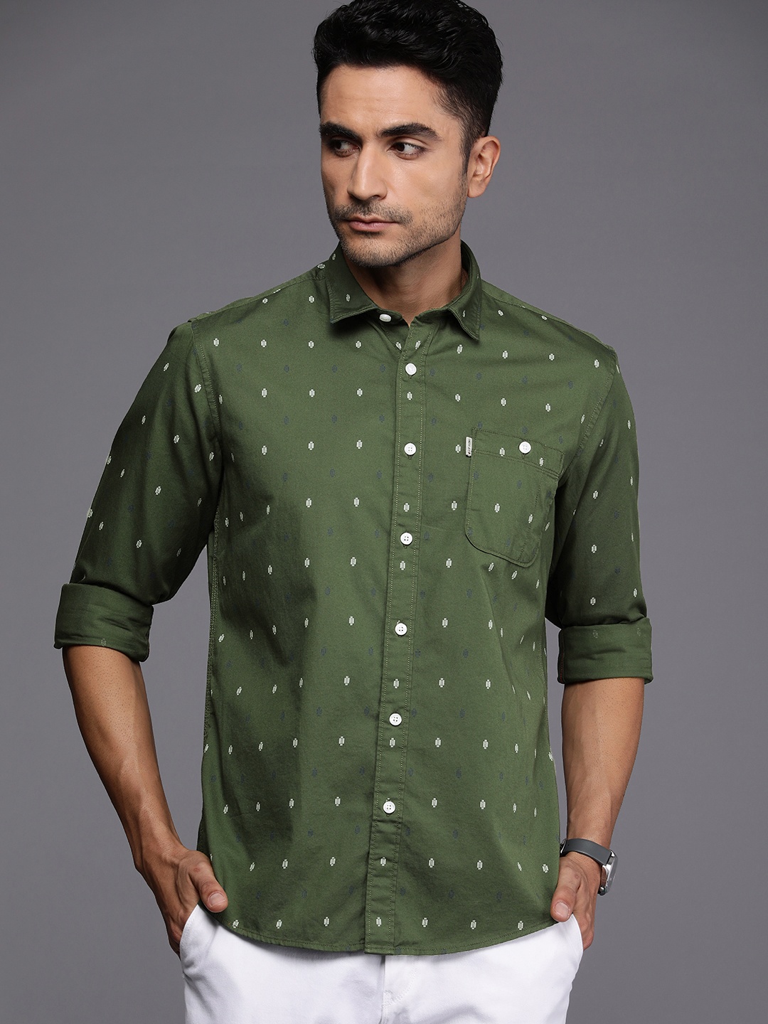 

Louis Philippe Jeans Slim Fit Geometric Printed Pure Cotton Casual Shirt, Olive