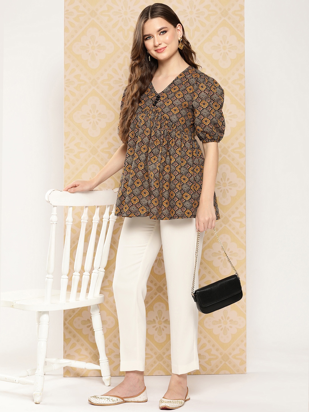 

Yufta Geometric Print Puff Sleeve Cotton Top, Brown