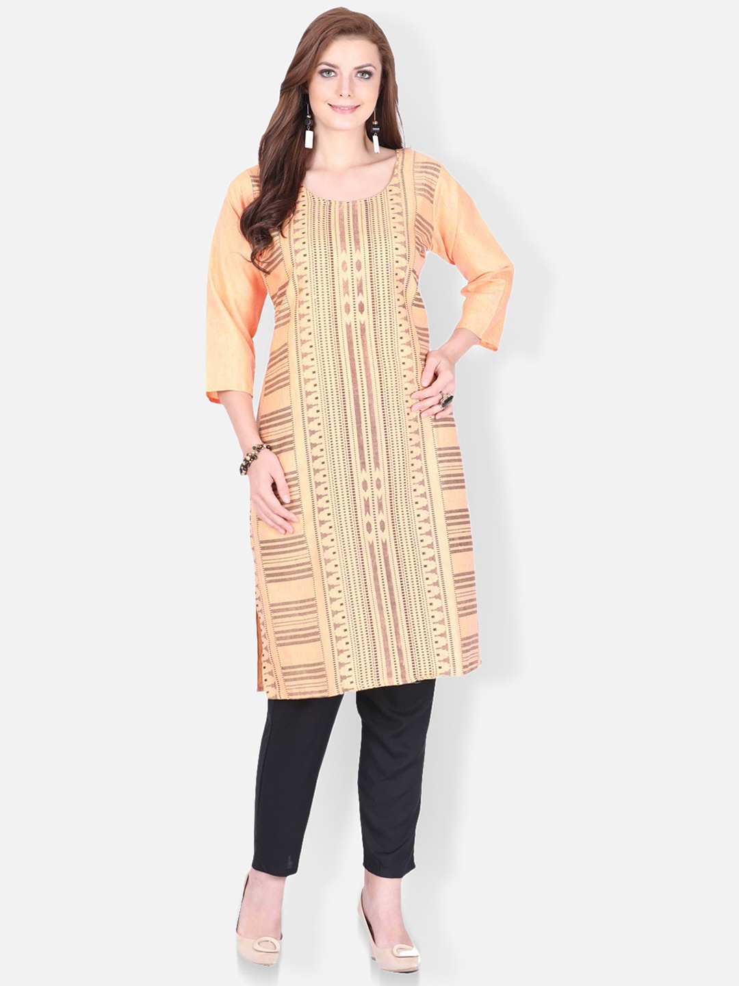 

FEMMIBELLA Round Neck Ethnic motif Printed Cotton Kurta, Orange