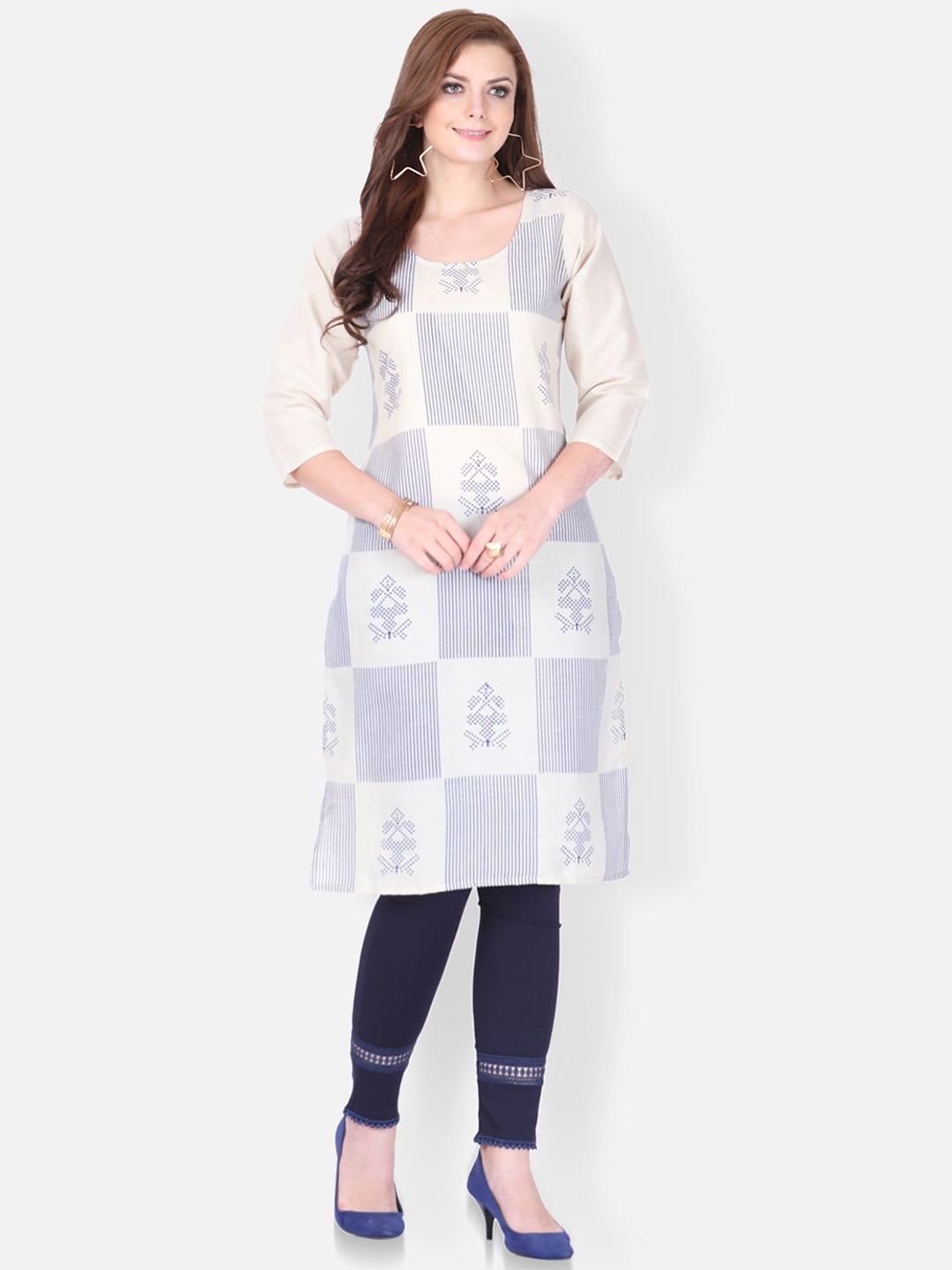 

FEMMIBELLA Ethnic Motifs Printed Cotton Straight Kurta, Cream