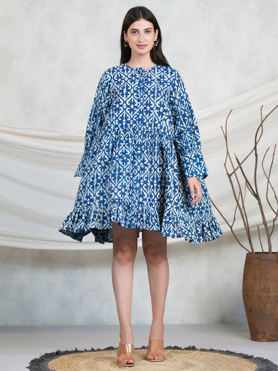 

Adveta Ethnic Motifs Printed Gathered A-Line Dress, Blue