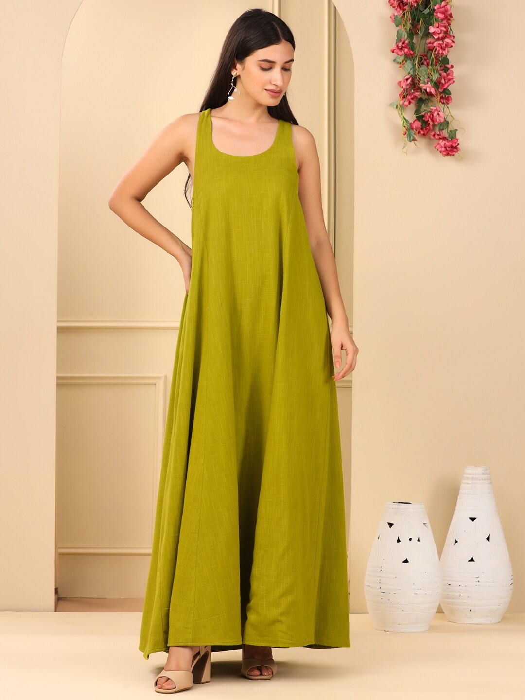 

Adveta Round Neck Cotton Maxi Dress, Green
