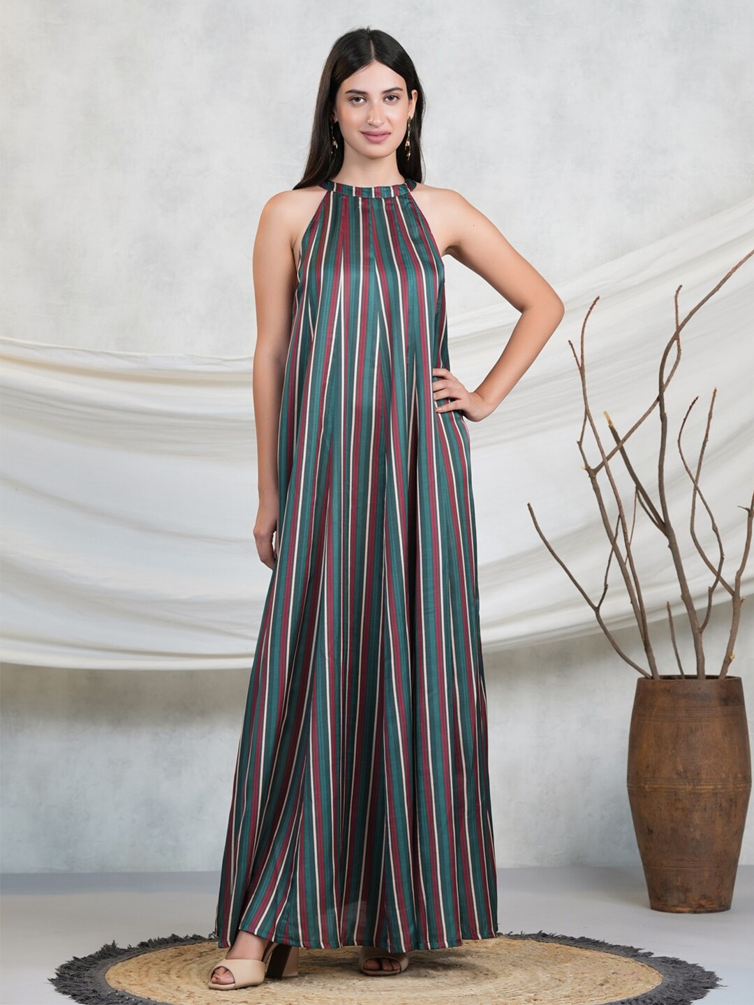 Adveta Striped Halter Neck Cotton Maxi Dress, Green