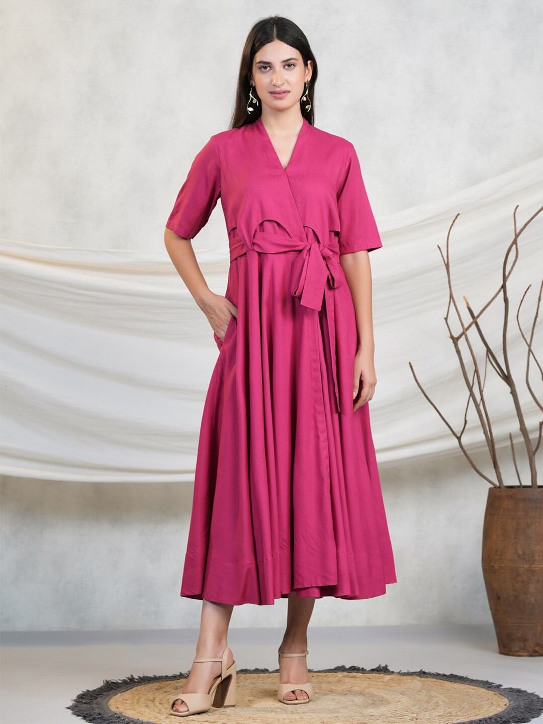 

Adveta V-Neck Tie-Ups Cotton Midi A-Line Dress, Pink