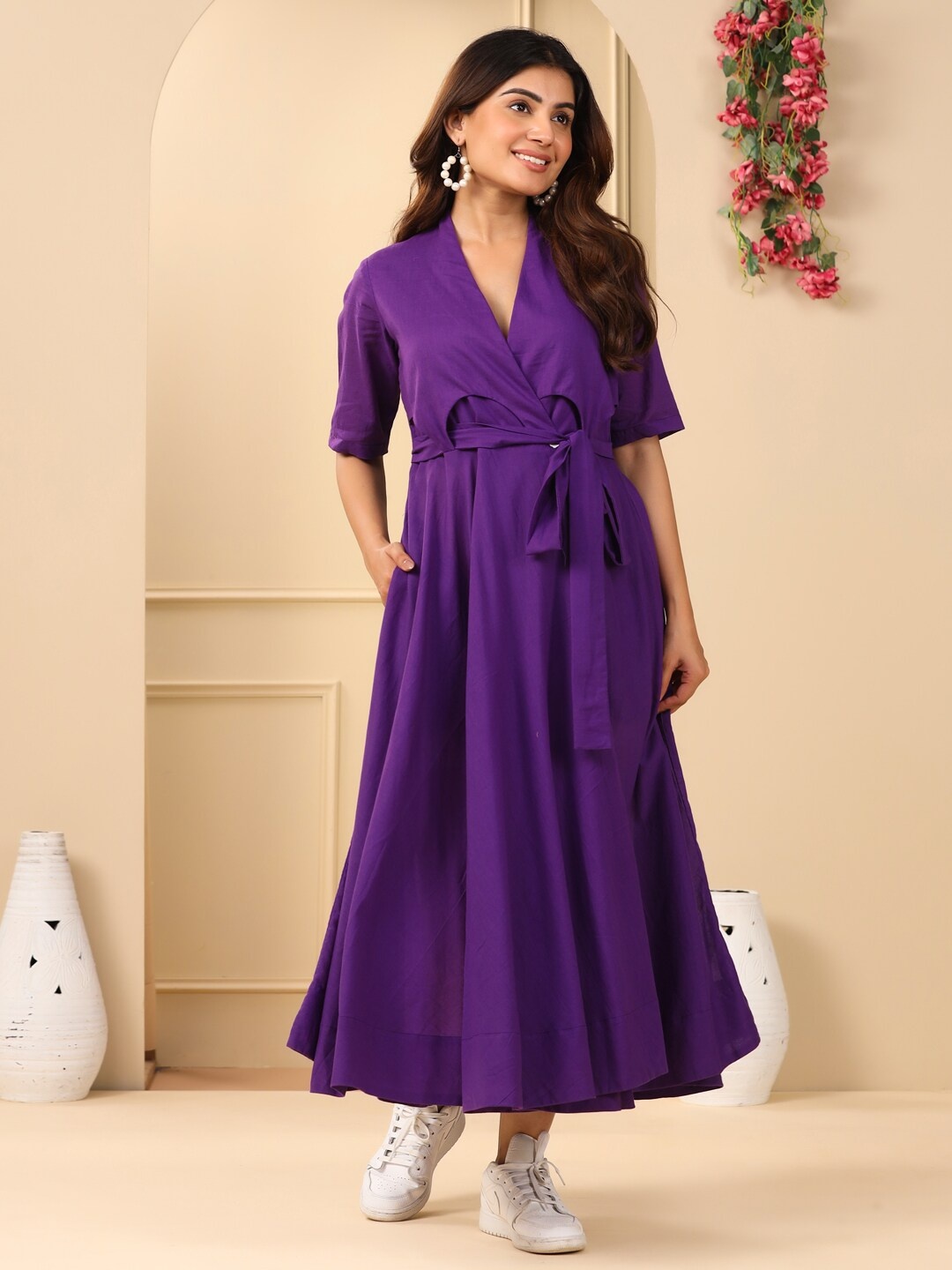 

Adveta V-Neck Tie-Ups Cotton Midi A-Line Dress, Purple