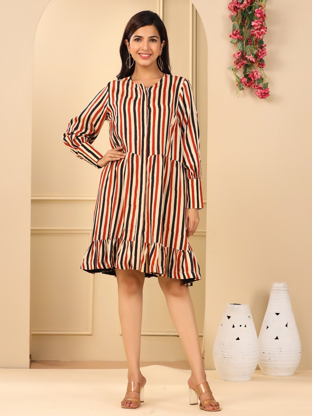 

Adveta Striped Cuffed Sleeves Tiered Cotton A-Line Dress, Beige