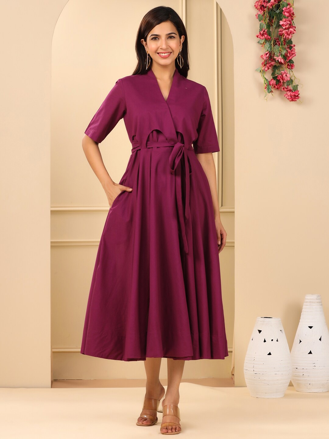 

Adveta V-Neck Tie-Ups Cotton Midi A-Line Dress, Purple