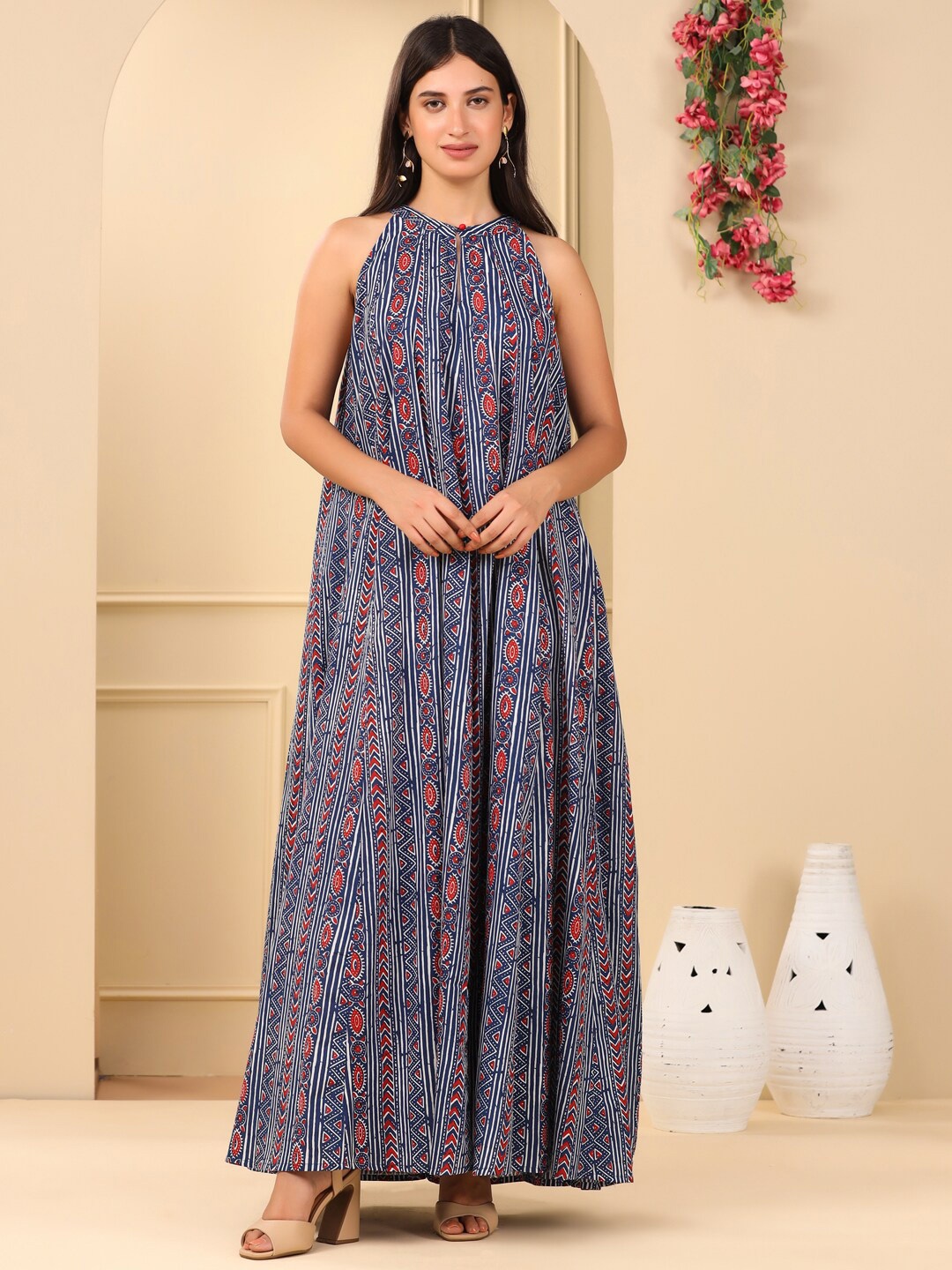 

Adveta Tribal Printed Halter Neck Cotton Maxi Dress, Blue