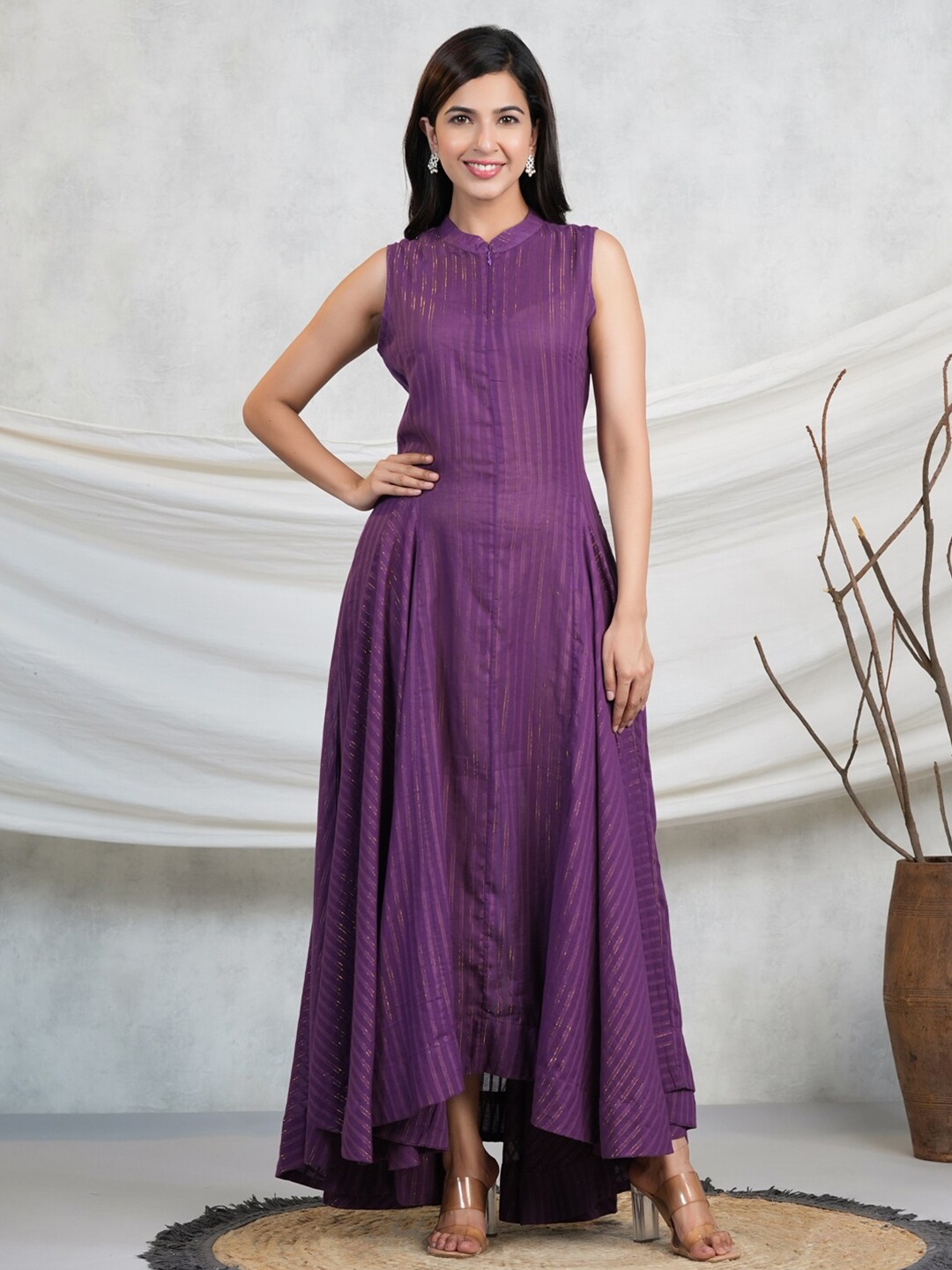 

Adveta Striped Mandarin Collar Cotton Maxi Dress, Purple