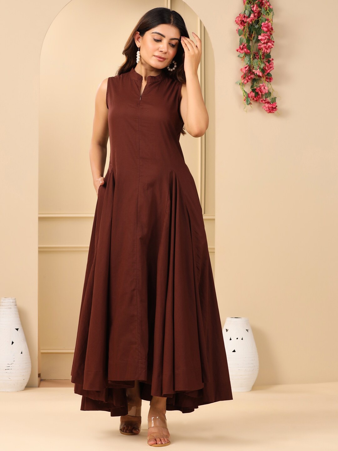 

Adveta Mandarin Collar Cotton Maxi Dress, Brown