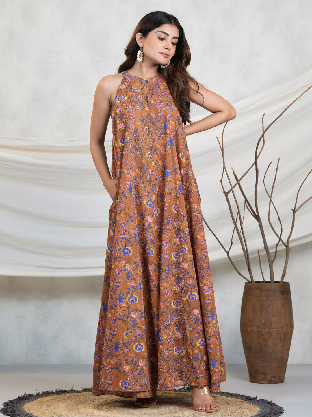 

Adveta Halter Neck Floral Printed Cotton Maxi Dress, Brown