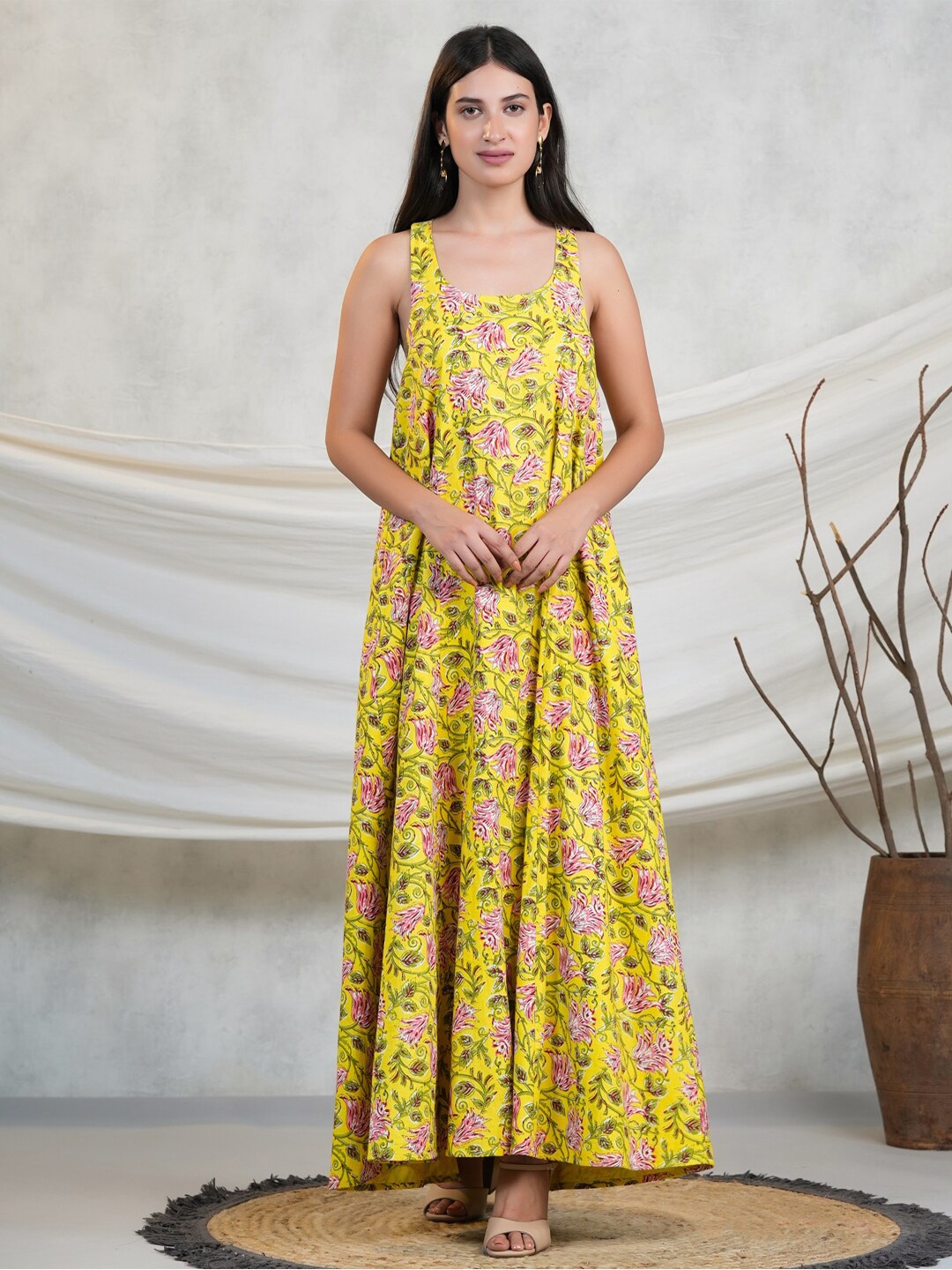 

Adveta Floral Printed Cotton Maxi Dress, Yellow