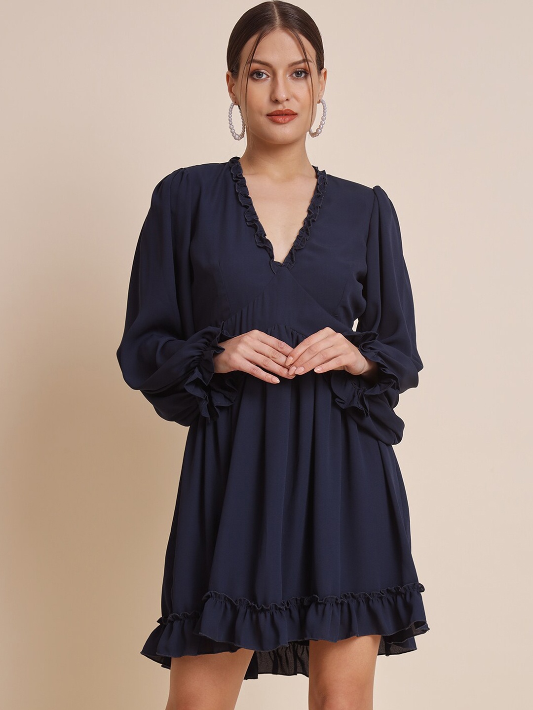 

HERE&NOW V-Neck Cut-Out Detailed Georgette Fit & Flare Dress, Blue