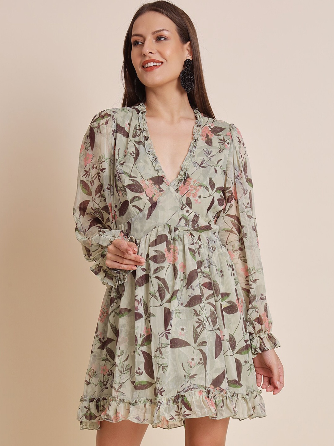 

HERE&NOW Floral Printed V-Neck Cut-Out Detailed Georgette Fit & Flare Dress, Olive