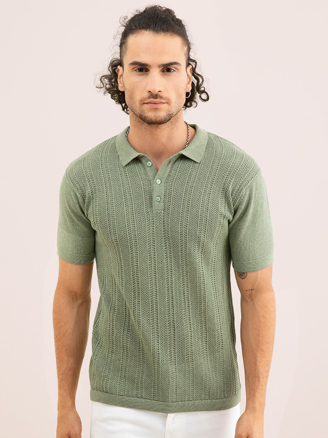 

Snitch Green Self Design Polo Collar Slim Fit T-shirt
