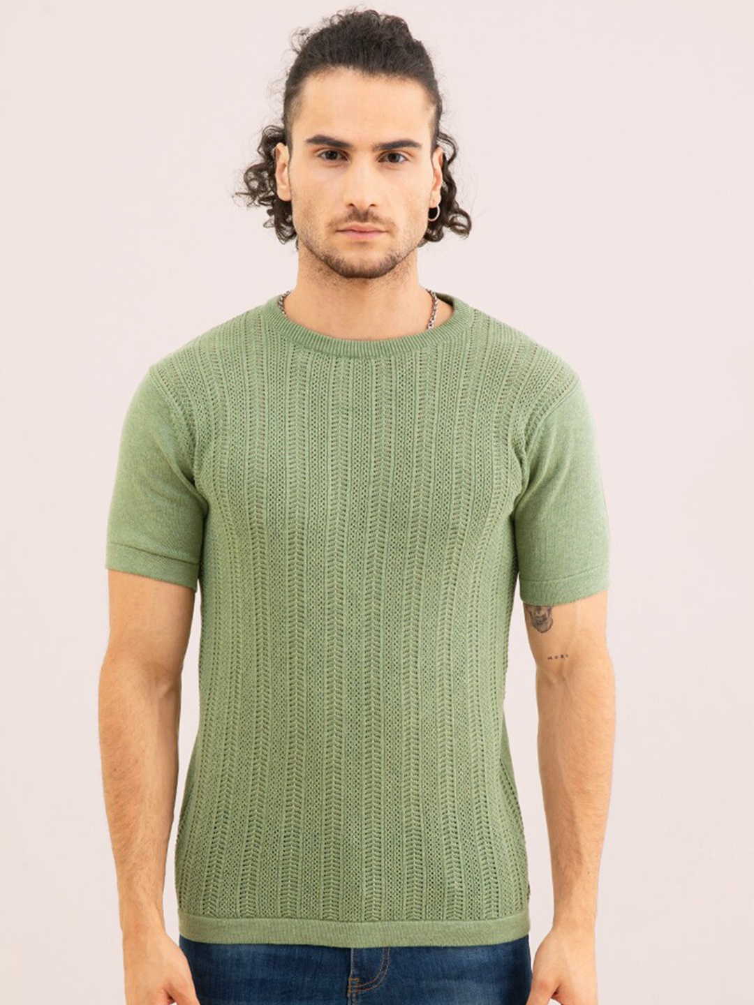 

Snitch Green Self Design Slim Fit T-shirt