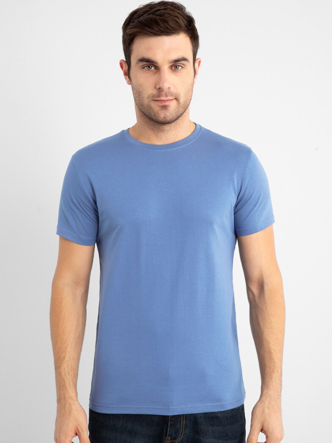 

Snitch Blue Round Neck Cotton Slim Fit T-Shirt