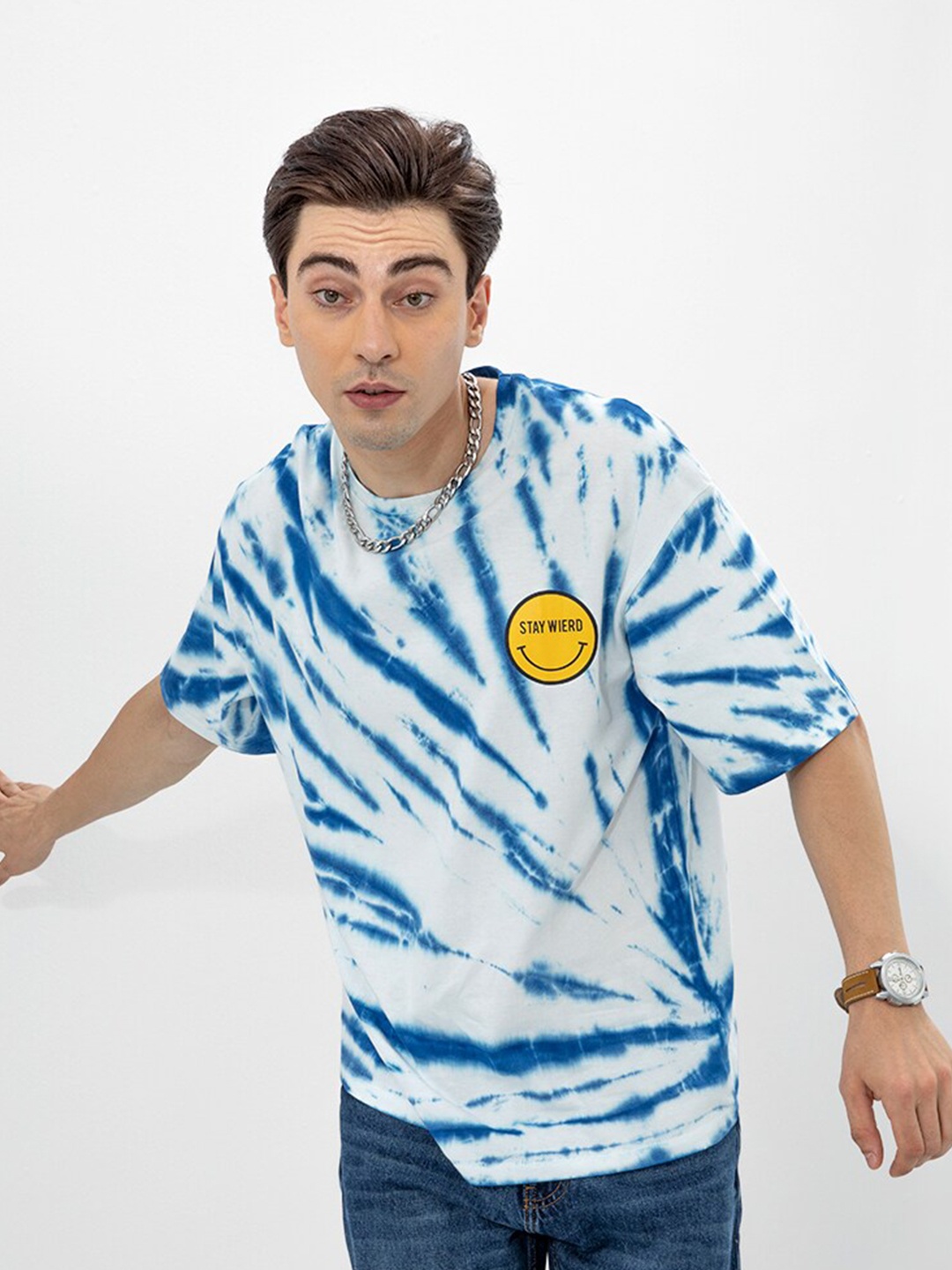 

Snitch Blue & White Tie & Dye Cotton Oversized Fit T-shirt