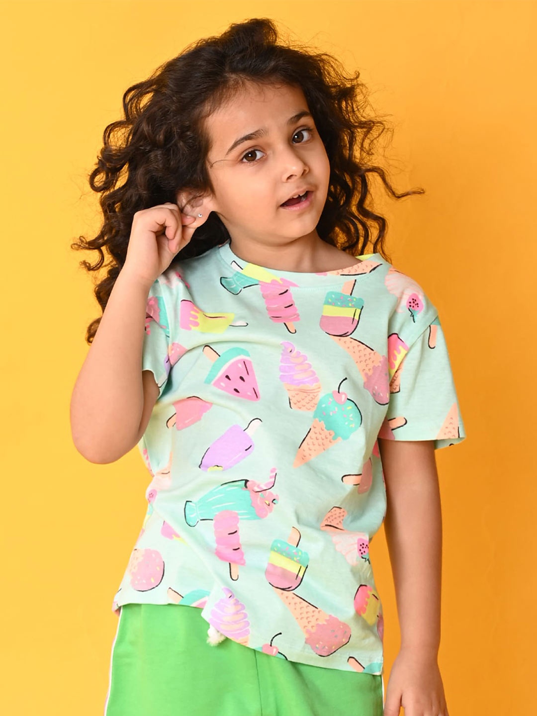 

Anthrilo Girls Conversational Printed Relaxed Fit Cotton T-shirt, Green