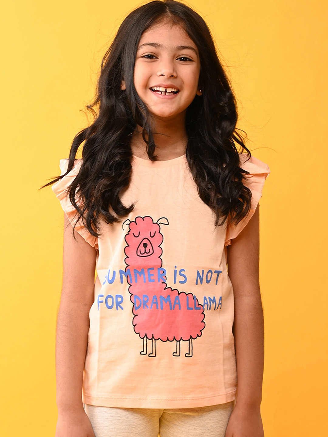 

Anthrilo Girls Graphic Printed Round Neck Pure Cotton T-shirt, Peach