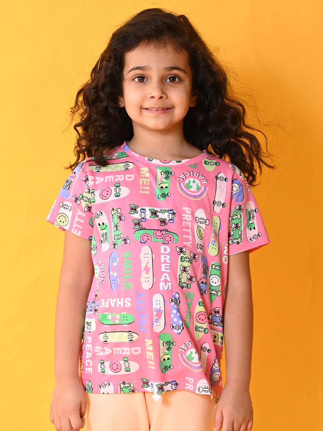 Anthrilo Girls Conversational Printed Round Neck Pure Cotton T-shirt, Pink