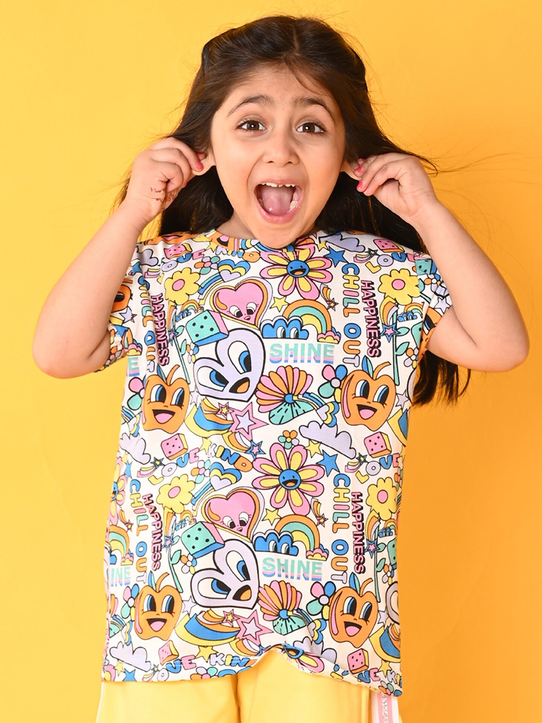 

Anthrilo Girls Conversational Printed Puff Sleeves Cotton T-shirt, White