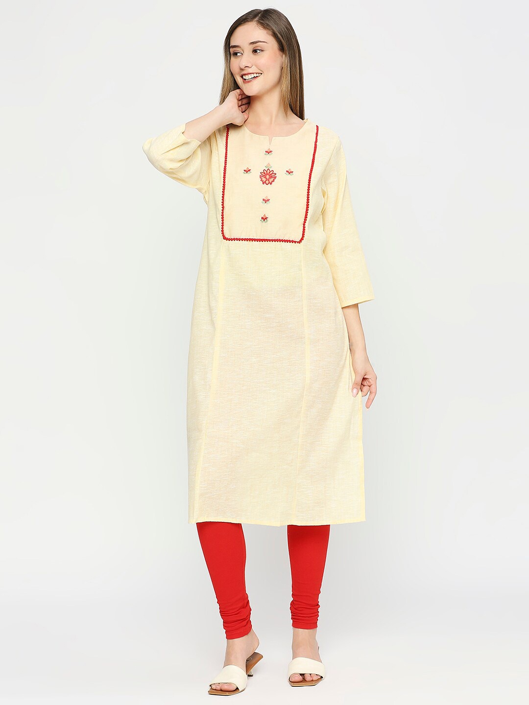 

MeeMee Floral Embroidered Thread Work Maternity Kurta with Feeding Zip, Off white