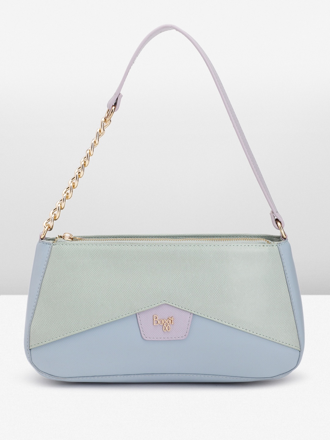 

Baggit Colourblocked & Minute Textured PU Structured Baguette Bag, Green