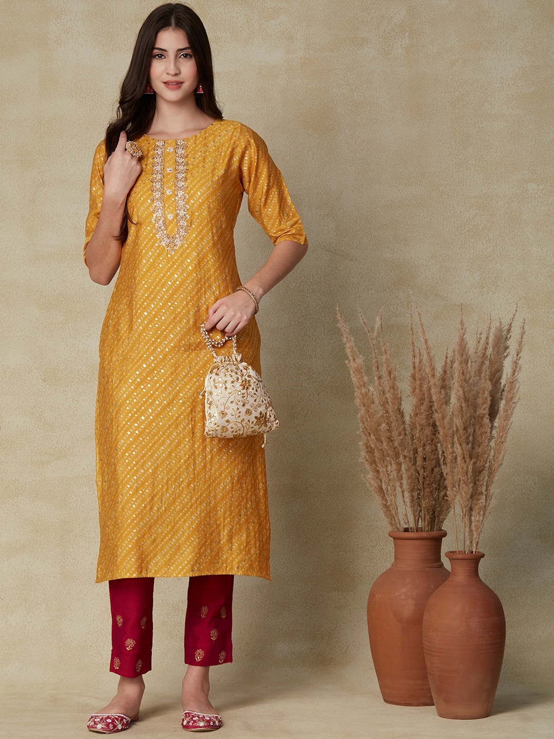 

FASHOR Yellow Leheriya Printed & Embroidered Straight Kurta