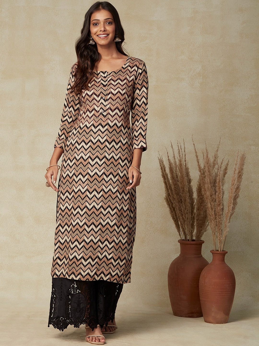 

FASHOR Black Chevron Printed Sequined Straight Kurta, Brown